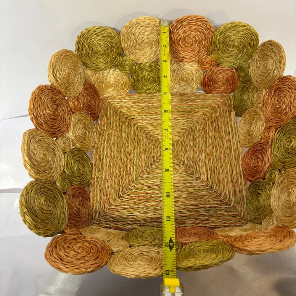 Vintage Raffia‎ Square Tri-Color Storage Basket Woven Orange Green Brown